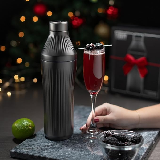 Elevated Craft Diamond Edition Hybrid Cocktail Shaker Set - Premium Vacuum Insulated Gunmetal Black, 28 oz, Includes Built-In Strainer, Precise Measuring Top & XL Polishing Cloth - Martini Shaker