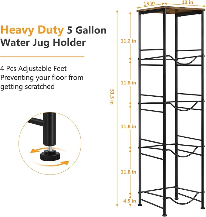 Vrisa 5 Gallon Water Jug Holder 4-Tier Water Bottle Holder Water Jug Stand with Storage Shelf Water 3/5 Gallon Rack Organizer for Home Office, Rustic Brown