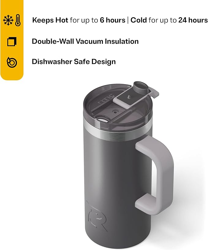 RTIC 16oz Road Trip Travel Mug with Lid and Handle, Ceramic Lined, Insulated, Stainless Steel, Metal, Double Wall Vacuum-Insulation, Portable Coffee, Tea Cup for Hot and Cold Drink, Graphite