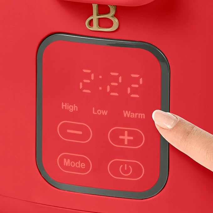 Beautiful 4-Qt Programmable Slow Cooker with Hinged Locking Lid & Touch Display – 3 Heat / 4 Timer Settings (Tomato Red)