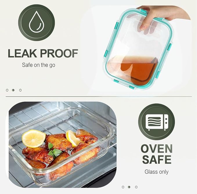 KOMUEE 10 Packs 30 oz Glass Meal Prep Containers,Glass Food Storage Containers with Lids,Airtight Lunch Bento Boxes, Microwave, Oven, Freezer and Dishwasher,Green