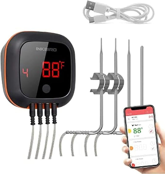 Inkbird Bluetooth Digital Wireless Meat Thermometer with 4 Probes Timer, Alarm,150 ft Barbecue Cooking Kitchen Food Meat Thermometer for Grill BBQ Smoker, Oven, Drum