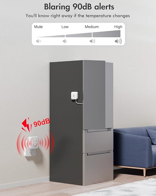 WiFi Freezer Thermometer Alarm, Freezer Alarm with App Notifications, Digital Fridge Thermometer with Loud 90dB, 2 Remote Wireless Temperature Sensors for Home Kitchen Fridge Fish Tank