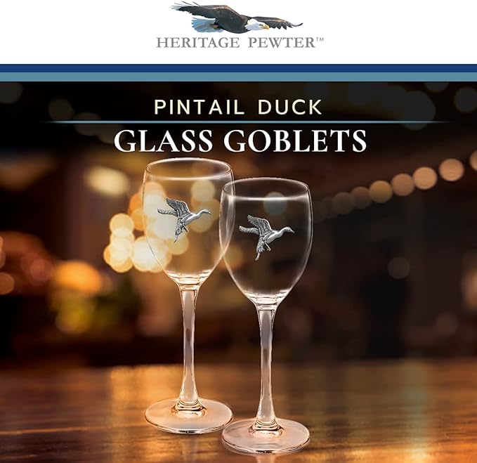 Heritage Pewter Pintail Duck Glass Goblets – Set of 2 | 12 OZ Goblet Wine Glasses | Expertly Crafted Pewter Glass