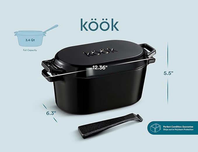 KooK Dutch Oven, for Bread Baking, Sourdough Loaf Pan, with Lid, Dual Handles, Enameled Cast Iron, includes Lid Lever, Dishwasher Safe, 3.4 Qt, Black