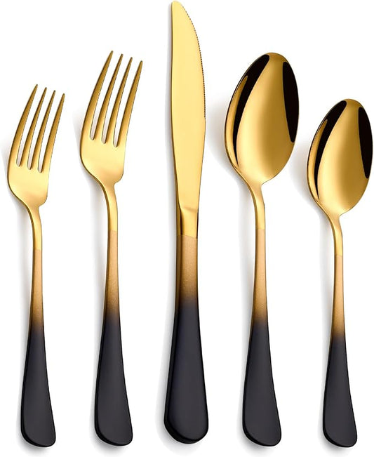 20-Piece Black Gold Silverware Set, 18/0 Stainless Steel Colorful Handle Flatware Set,Service for 4,Modern Cutlery Set Includes Dinner Knives Forks Spoons,Mirror Polished,Dishwasher Safe
