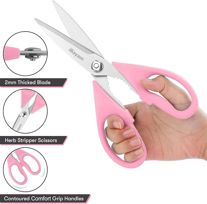 Gifts for Women, Mom, Wife, Girlfriend, Sister, Her - Happy Birthday, Halloween, Christmas Day, Mothers Day Gifts, iBayam Kitchen Scissors Heavy Duty Meat Poultry Shears Dishwasher Safe, Pink Stuff