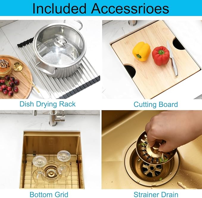 Gold Bar Sink, 15 x 17 Inch Undermount Kitchen Sink Small Wet Bar Prep 16 Guage Stainless Steel Single Bowl Basin