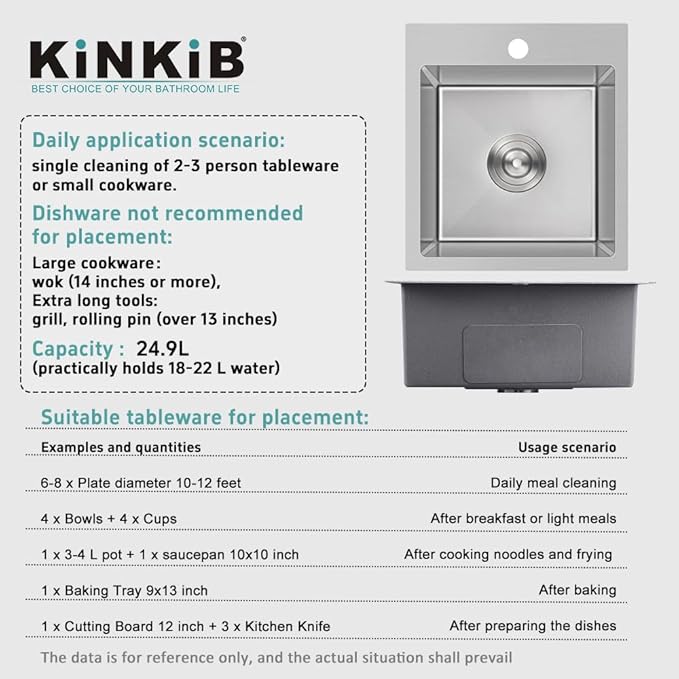 15 inch Bar Sink, KINKIB Drop in Topmount Bar Sink or Prep Kitchen Sink, Handmade Single Bowl T-304 Stainless Steel Small Overmount Kitchen Sink with Basket Strainer