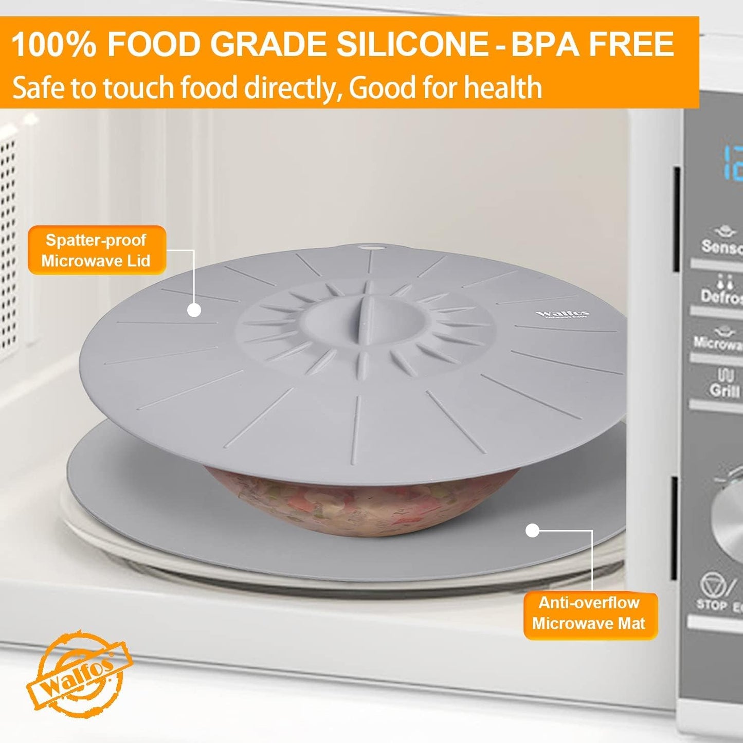 Walfos Silicone Microwave Mat & Lid Set, Heat Resistant Multi-Purpose Trivet Mat and Seal Lids, Non-Slip and BPA Free, Perfect for Oven and Hot Pan