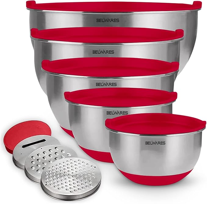 Belwares Mixing Bowls with Lids Set - Nesting Bowls with Airtight Lids + Graters - Stainless Steel Non-Slip Mixing Bowl for Baking, Food Storage and Prepping (Red, 5-Piece Set)
