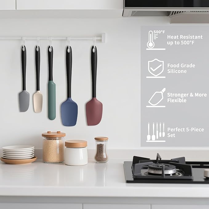 Coukre Silicone Spatula Set of 5,High Heat Resistant, Food Grade Silicone, Upgraded Extended Reinforced Handle,Dishwasher Safe, for Baking, Cooking (Colorful A Black, Color block)