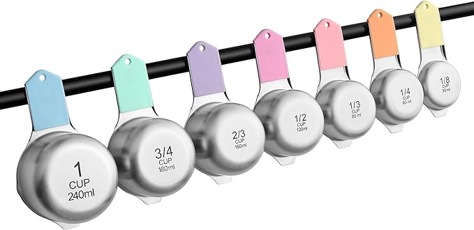 Spring Chef Magnetic Stainless Steel Measuring Cups, Patented, Kitchen Tools with Easy to Read Markings for Measuring Dry or Liquid Ingredients, Set of 7, Pastel