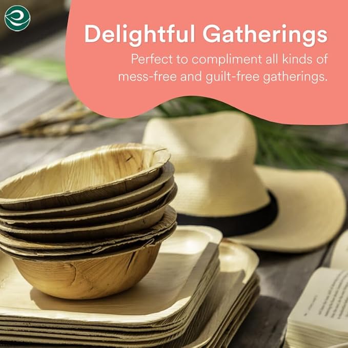 ECO SOUL 100% Compostable, Biodegradable, Disposable Palm Leaf Bowls, Like Bamboo Bowls, Eco-friendly | Sturdy, Microwave & Oven Safe (50, Large 6" (16 Oz) | Round)