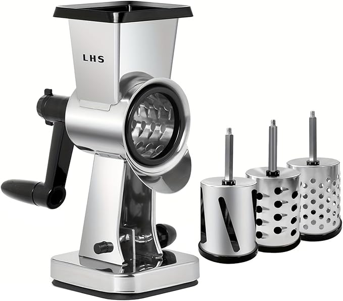 LHS Rotary Cheese Grater Stainless Steel Manual Cheese Shredder Grater Walnuts Grinder with 3 Interchangeable Drum Blades for Chocolate, Cheese and Nuts