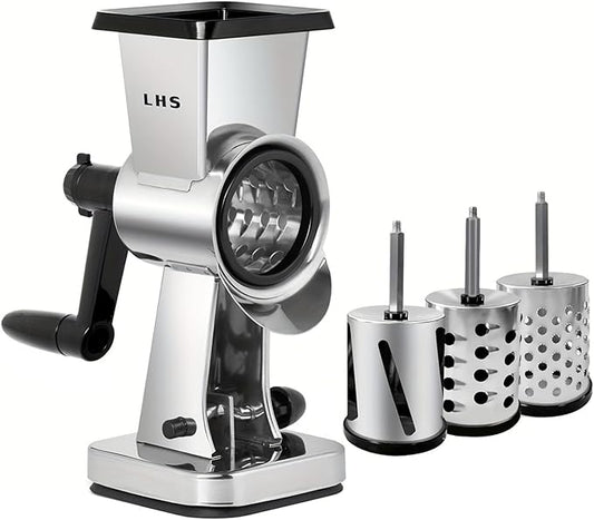 LHS Rotary Cheese Grater Stainless Steel Manual Cheese Shredder Grater Walnuts Grinder with 3 Interchangeable Drum Blades for Chocolate, Cheese and Nuts