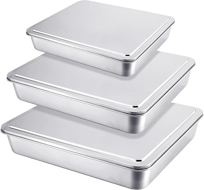 Tioncy 3 Set Stainless Steel Cake Pan with Lid 13/11/9 Inch Rectangle Sheet Baking Pan with Covers Bakeware with Lids for Cakes Breads Casseroles Fish Vegetables and More