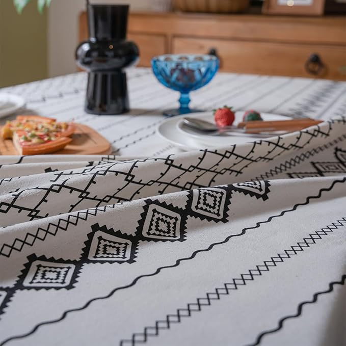 Cotton Linen Table Cloths Boho Farmhouse Heavy Fabric Table Cover Burlap Striped Washable Table Top For Parties Coffee Kitchen Picnic White Black Tassels(Rectangle/Oblong, 55" x 102"(8-10 Seats)