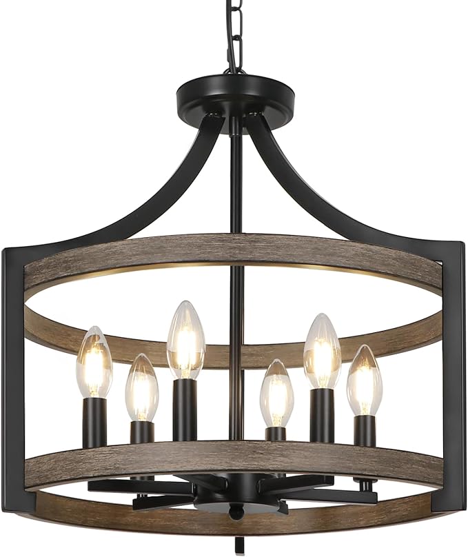 6-Light Farmhouse Chandelier, Metal Faux Wood Hanging Pendant Lighting, Convertible Semi Flush Mount Ceiling Light Fixture Rustic Black Chandeliers for Dining Room Kitchen Foyer Entryway