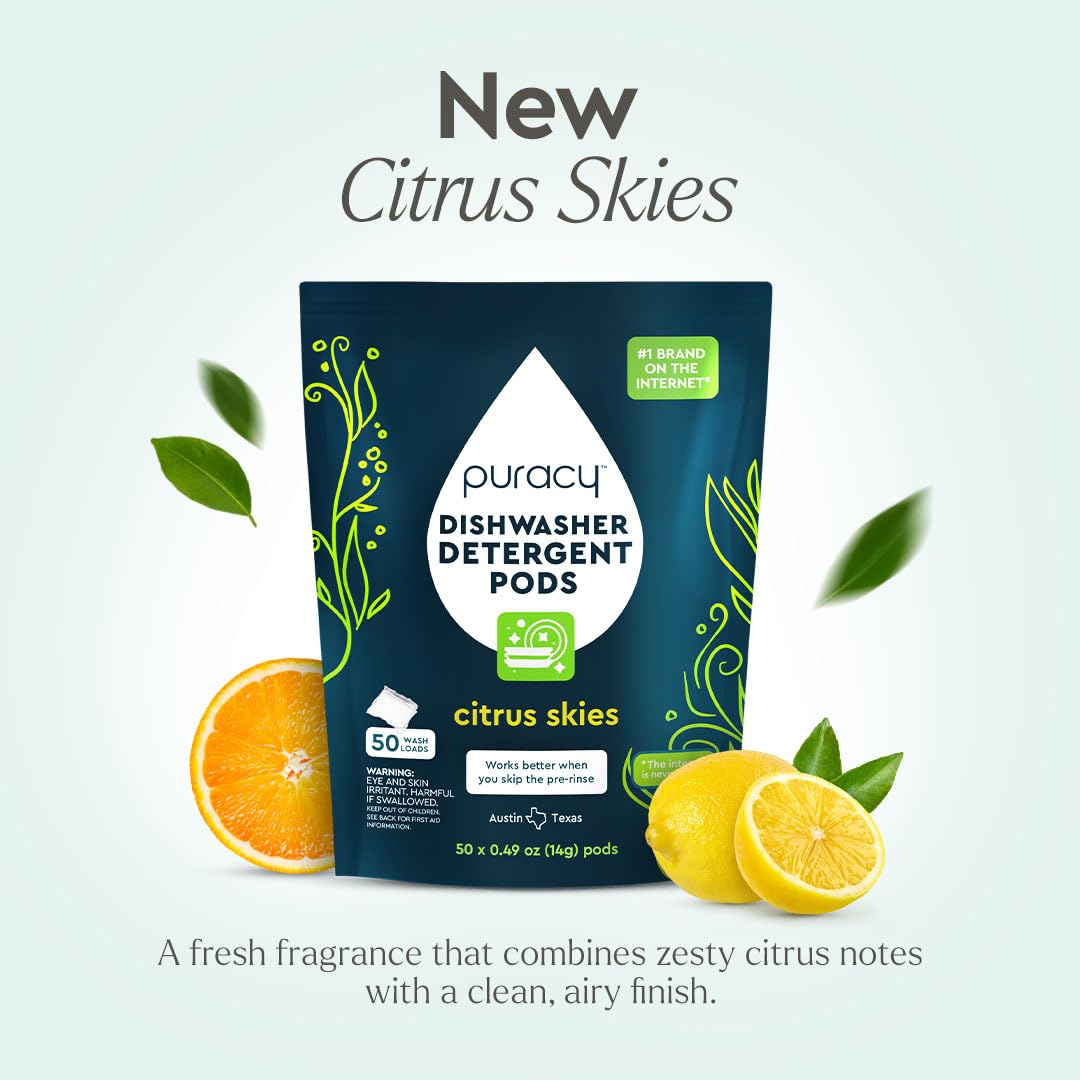 Puracy Dishwasher Pods, Natural Dishwasher Detergent, Citrus Skies Dish tabs - Enzyme-Powered, Spot & Residue Free - TikTok Trend Items, Must Haves from TikTok Made Me Buy It (Citrus Skies, 50 Count)