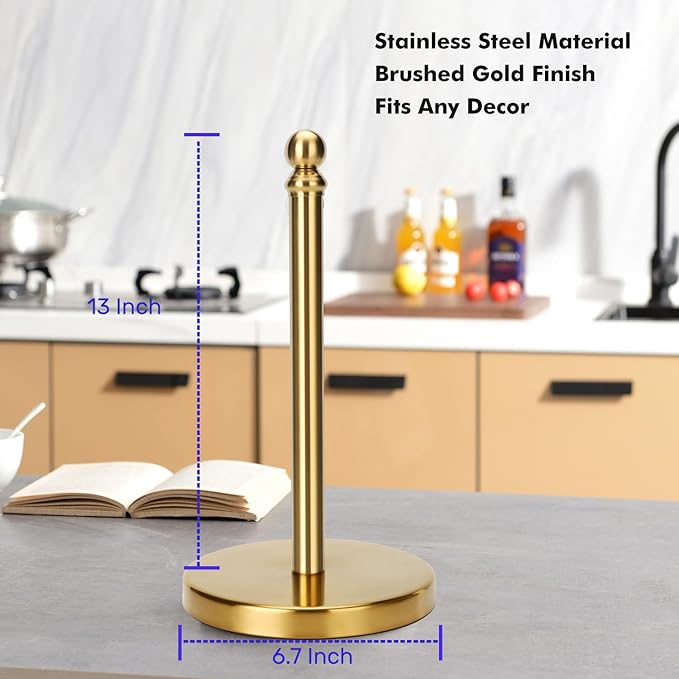 Gold Paper Towel Holder Countertop with Weighted Stainless Steel Base, One-Handed Design No Tipping Over, Standing Paper Towel Holder Standing in Brushed Gold Finish