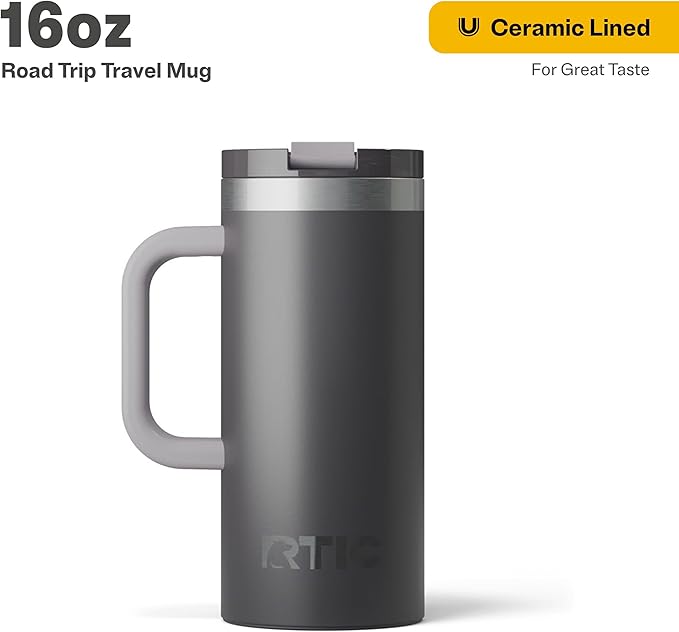 RTIC 16oz Road Trip Travel Mug with Lid and Handle, Ceramic Lined, Insulated, Stainless Steel, Metal, Double Wall Vacuum-Insulation, Portable Coffee, Tea Cup for Hot and Cold Drink, Graphite