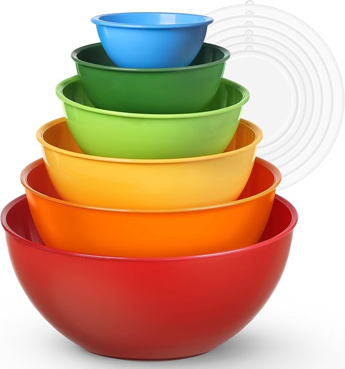 6-Piece Plastic Mixing Bowl Set with Lids for Kitchen, Nesting Storage Bowls for Baking, Prepping,Cooking and Serving Food, Dishwasher, Microwave Safe,Great for Mixing & Serving(6 Set-Rose Red)