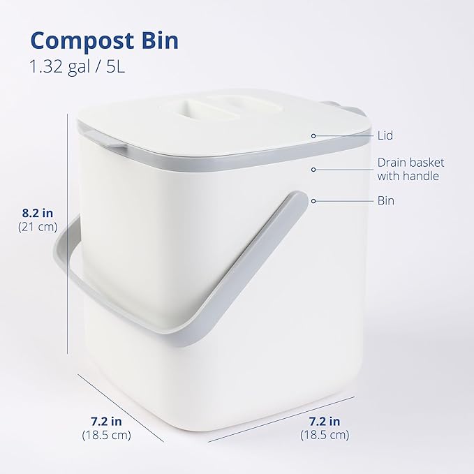 BLUE GINKGO Kitchen Compost Bin [5L / 1.32 GAL] – Filter-Free, Odor-Tight Countertop Food Waste Pail with Handles (Made in Korea, White)