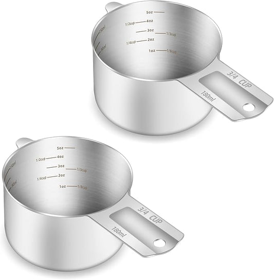 2PCS 3/4Cup (180ml, 6oz) Single Measuring Cup, Etched Inner Scale Stainless Steel Measure Scoop, Metric and US Measurement, Dishwasher Safe
