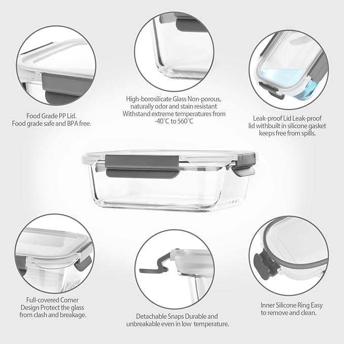 [10 pack Glass Meal Prep Containers with Lids, Glass Food Storage Containers with Snap Locking Lids for Food, Bpa-free, Easy to Open& Close/Microwave,Oven,Freezer,Dishwasher Safe/Leak-Proof