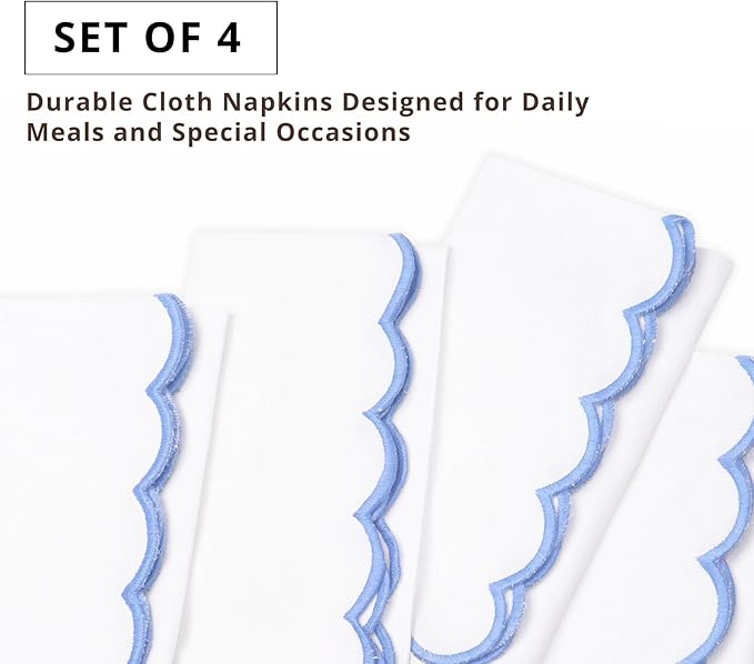 PurpleEssences Scalloped Embroidery Cloth Napkins Christmas Holiday Winter Table Decor 100% Cotton Set of 4-18 x 18 inch - White - Edges - Light Blue