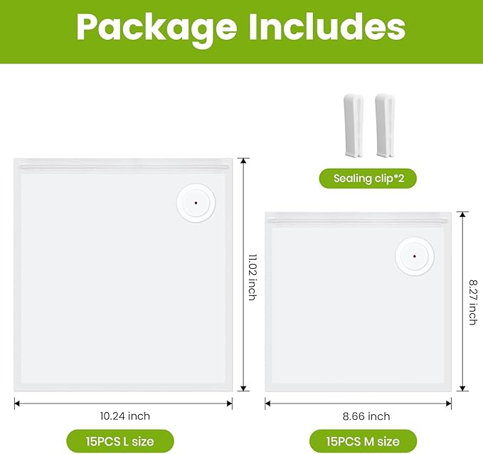 FEPPO Vacuum Sealer Bags for Food,15 PCS 8.3"×8.7" & 15 PCS 10.2"×11" Reusable Vacuum Seal Bags with Air Valve for Food Storage, Ideal for Freshness Preservation