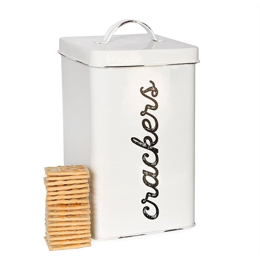 AuldHome Design Rustic White Cracker Tin; Square Enamelware Classic Cracker Canister