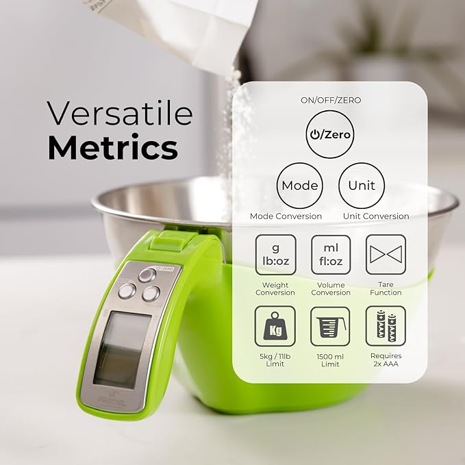 Fradel Digital Kitchen Food Scale with Bowl - 11lb, Grams & Ounces - Removable, Dishwasher-Safe Mixing Bowl - Green