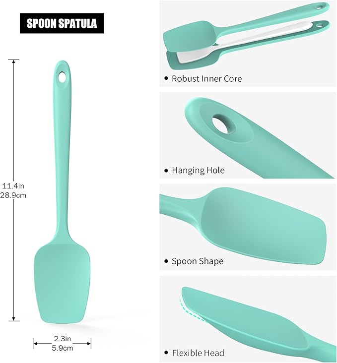 Heat Resistant Silicone Spoon Spatula, Doosu 600°F High Temp Flexible Cooking Spoons Kitchen Rubber Spoonula Scratch-Proof for Mixing Stirring Scraping Serving Non-Stick Cookware (11.4in, Aqua Sky)