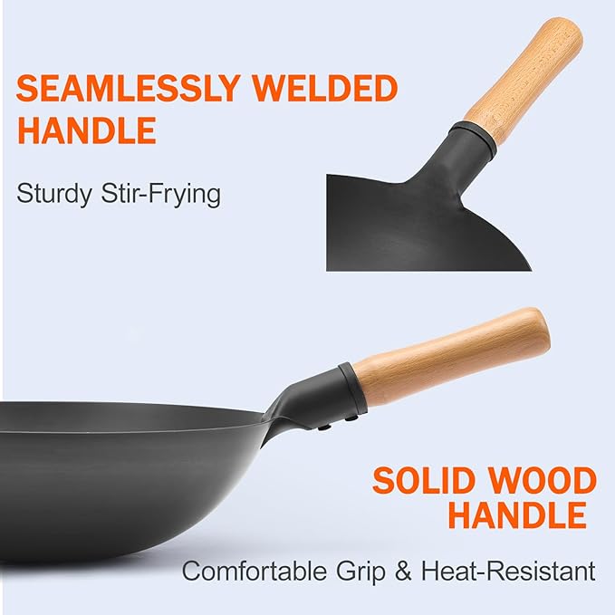 WANGYUANJI Iron Wok, 14.17 inch Traditional Round-Bottom Wok, Chef’s Professional Stir-Fry Pan with Wooden Handle, Chemical-Free Iron Wok for Gas Stoves and Round-Bottom Induction Stovetop