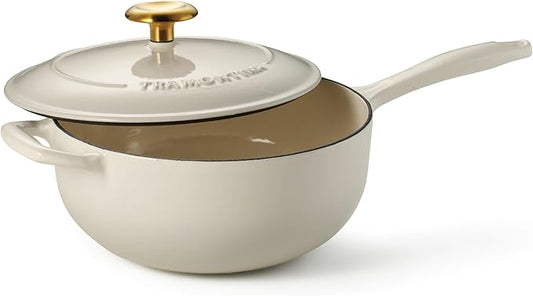 Tramontina Bestow Enameled Cast Iron Saucier Pan with Lid, 3-quart, Latte with Gold Knob
