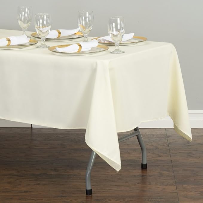LTC LINENS 10 Pack Ivory Rectangular Tablecloths 60 x 126 Inch for 8 Feet Rectangle Banquet Tables with Half-Drop - Stain and Wrinkle Resistant Polyester Fabric Cloth Table Covers for Party, Wedding