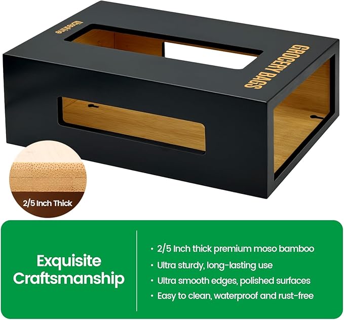 Extra Large Bamboo Plastic Bag Holder Black- Under Sink, Cabinet & Wall Mount Storage - Multipurpose Gorcery Bag Organizer with Space-Saving Design for Kitchen, Pantry, Bathroom, Garage