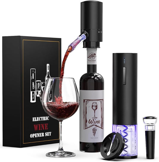Rechargeable Electric Wine Gift Set - Aerator, Vacuum Stoppers, Foil Cutter and Bottle Opener for Home Bar and Outdoor Parties (Black)