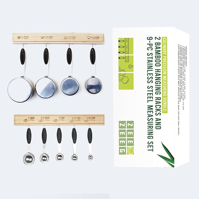 Premium Culinary Precision Bundle: Includes Two 100% Natural Bamboo Hanging Rack Organizer and 9-pc Stainless Steel Measuring Cups and Spoons Set