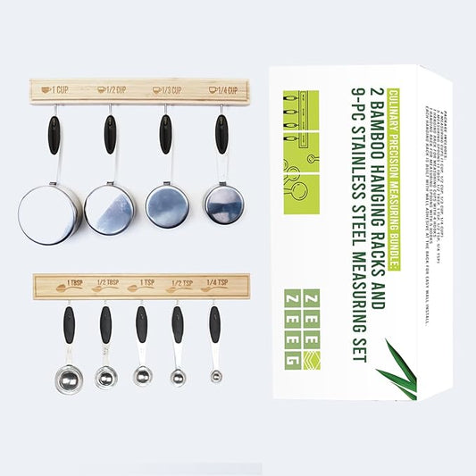 Premium Culinary Precision Bundle: Includes Two 100% Natural Bamboo Hanging Rack Organizer and 9-pc Stainless Steel Measuring Cups and Spoons Set