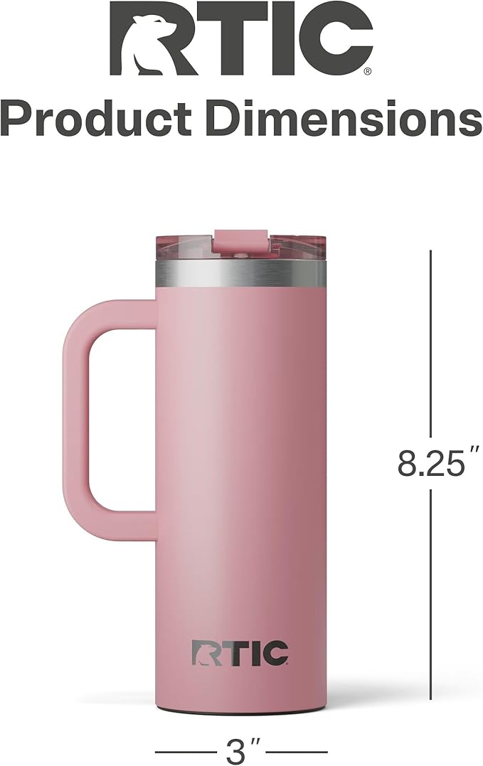 RTIC 20oz Road Trip Travel Mug with Lid and Handle, Ceramic Lined, Insulated, Stainless Steel, Metal, Double Wall Vacuum-Insulation, Portable Coffee, Tea Cup for Hot and Cold Drink, Dusty Rose
