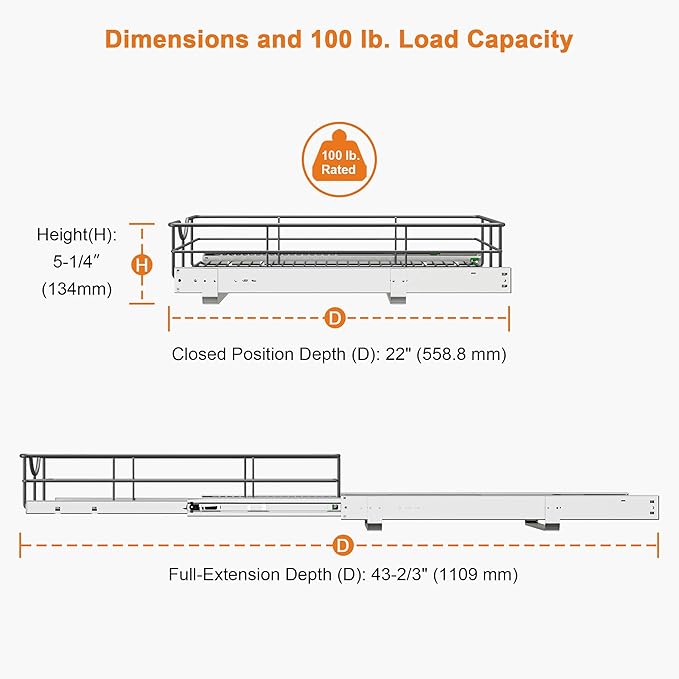 ALINE FURNITURE Pull Out Shelves - 17" W x 22" D Soft Close Pull Out Cabinet Organizer 1 Tier - Slide Out Drawers with Shelf Liner, Heavy Duty Steel Wire Baskets for Kitchen Cabinets, Pantry, Bathroom