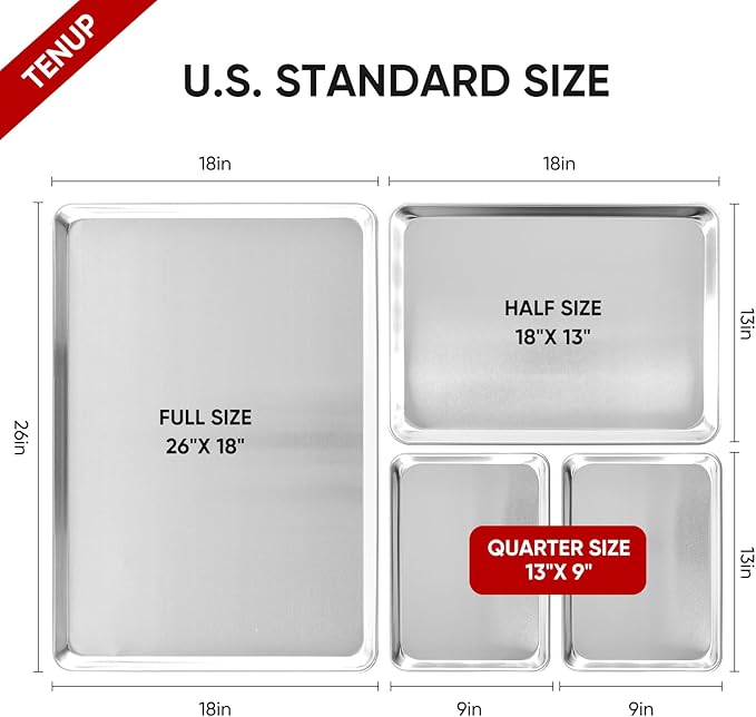 TENUP 6 Pack Aluminum Half Sheet Pan, 18" x 13" Heavy Duty Commercial Baking Tray Reinforced Rim, Warp-Resistant Rust-Free