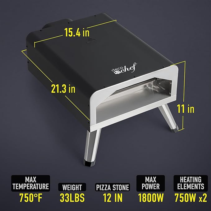 Deco Chef Electric Pizza Oven, 12-Inch Ceramic Stone and Grill, 1800W, Bakes up to 750 Degrees for Countertop Artisan Style Pizza, 13" Double Wall Stainless Steel, Indoor & Portable Outdoor Pizza Oven