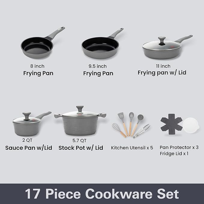 UCCLIFE 17-PCS Pots and Pans Set Non Stick, Induction Cookware Set, Non-toxic Kitchen Cooking Set, Frying Pan, Saucepan Stock Pot Kitchen Utensils Dishwasher Safe, Scratch-resistant (PFAS, PTEF Free)