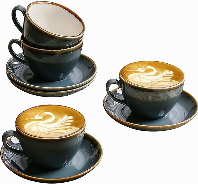 SHUER Ceramic Cappuccino Cup Set of 4, 7.8 OZ Cups and Saucers Set,Coffee Mocha Cup Sets,Black Coffee Cups and Glaze Americano Mugs Great for Party and Low Tea Time (Blue 220ml)