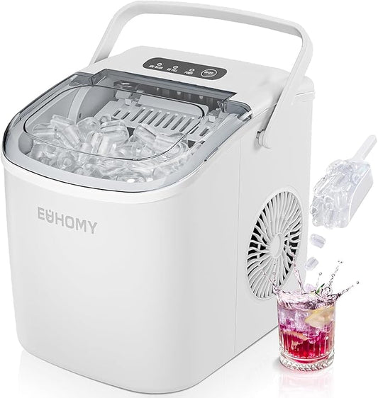 EUHOMY Countertop Ice Maker Machine with Handle, 26lbs Per Day, 9 Ice Cubes Ready in 6 Mins, Auto-Cleaning Portable Ice Maker with Basket and Scoop, for Home/Kitchen/Camping/RV (White)