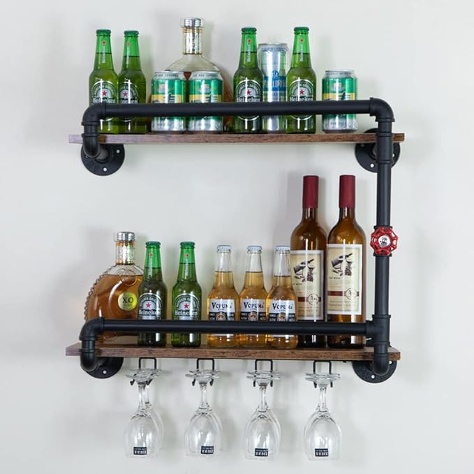 Wine Rack Wall Mounted 2 Tier, Hanging Floating Small Mini Bar Liquor Shelves with Glass Holder Storage Under, Industrial Rustic Pipe Farmhouse Kitchen Decor Black(23.6x10.6x19.7)